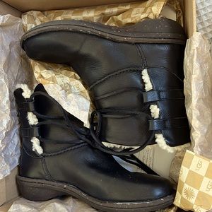 UGG Black Caspia Leather Boots with Sherpa Lining